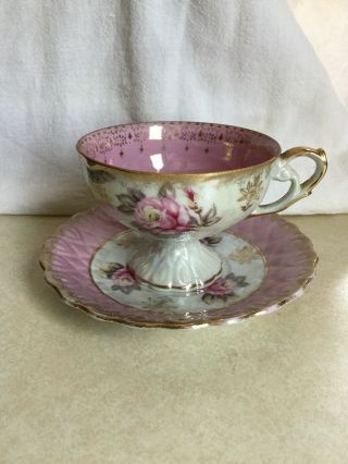 Lefton China Hand Painted Tea Cup & Saucer Pink Roses Gold Trim Pedestal