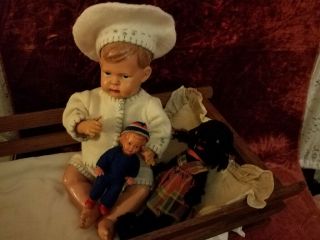 2 Antique Dolls W/cradle,  And Trunk.  With Old Clothes Rag Doll,  Celluloid