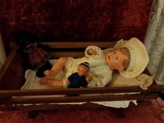 2 antique dolls w/cradle,  and trunk.  with old clothes rag doll,  Celluloid 3