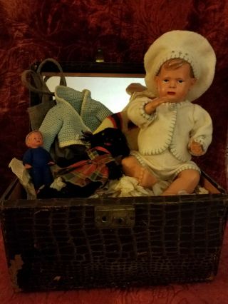 2 antique dolls w/cradle,  and trunk.  with old clothes rag doll,  Celluloid 4