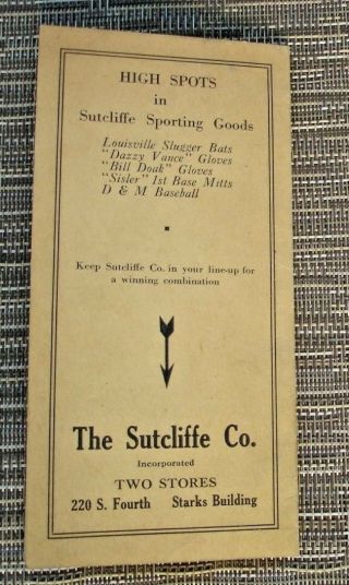 1925 LOUISVILLE KENTUCKY BASEBALL SCHEDULE ANTIQUE SUTCLIFFE SPORTING GOODS 4