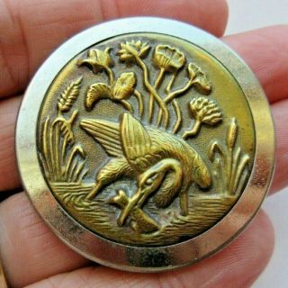 Extraordinary X Large Antique Vtg Metal Picture Button Crane Bird W/ Fish (i)