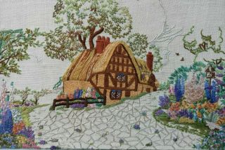 Vintage Embroidered Detailed English Country Cottage,  Garden Picture