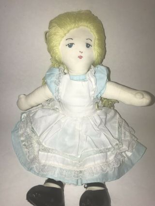 Vintage Cloth 17 " Alice In Wonderland Rag Doll Blue Dress Pinafore Yarn Hair