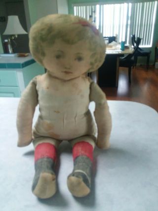 17 " Vintage Printed Face Cloth Rag Doll No Markings As To Maker