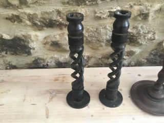 2 Pairs Antique Vintage Barley Twist Wooden Turned Candle Sticks