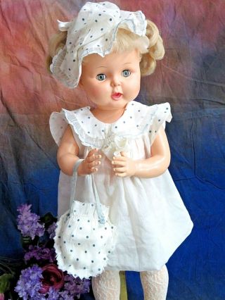 Antique Vintage 1930 Baby Doll Dress Purse Bonnet Set Batiste Blue Dot Fit 20 - 26