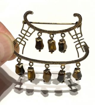 Antique Chinese Character Export Gilt Silver Brooch Carved Tigers Eye Dangle Pin 2