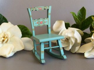 Vintage Miniature Tynietoy Blue Dollhouse Doll Wood Rocking Chair Nursery Room