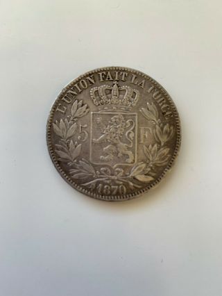 1870 BELGIUM Antique Silver 5 Francs Coin,  King Leopold II 2