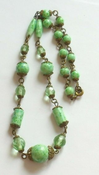 Czech Antique Art Deco Wired Peking Glass Bead Necklace Signed
