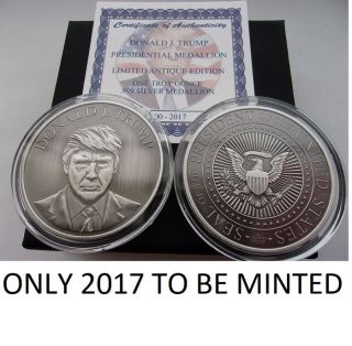 Donald Trump 1 Oz.  999 Silver Coin Antique Presidential Seal Potus Cert - Boxed