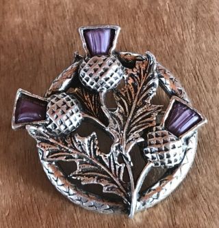 Vintage Antique Scottish Thistle Base Metal & Glass Brooch Pin Fine,