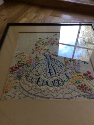 Vintage Hand Embroidered Crinoline Lady Small Rectangular Cotton Picture