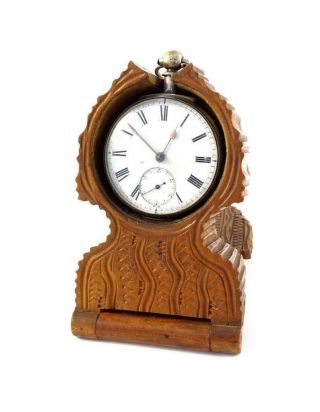 Antique Victorian Carved Wooden Black Forest Folding Pocket Watch Holder & Stand