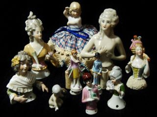 ANTIQUE FLAPPER HALF DOLL w PURSE CLOCHE HAT German Pincushion Doll Porcelain 3