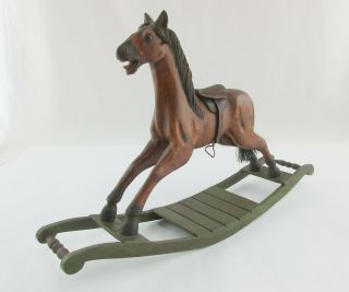 Antique Doll Toy Rocking Horse Solid Wood W\ Leather Like Saddle Old