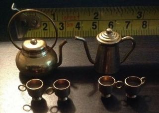Vintage Miniature Doll House Brass Tea Set Coffee & Teapot,  4 Cups