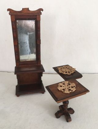 Antique.  Doll Furniture - 11.  5 " Tall Victorian Hall Mirror And 2 Side Tables
