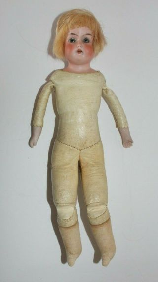 Vintage 13 " Unmarked German Bisque Head Doll With Jointed Leather Body