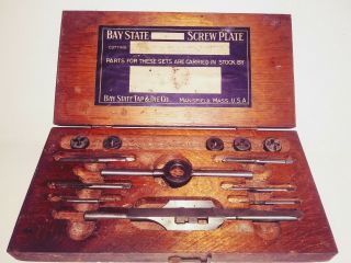 Antique Bay State 26 - A Screw Plate Tap & Die 14 Piece Set In Wood Box