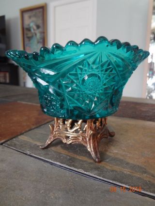 Vintage Blue Teal Cut Glass Compote Bowl Hobstar & Sawtooth Footed Brass Base