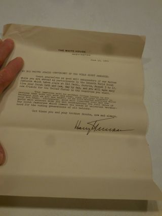 Vintage 1951 Bsa World Jamboree Presidential Letter To Participants Harry Truman