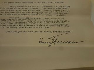 Vintage 1951 BSA World Jamboree Presidential Letter to Participants Harry Truman 3