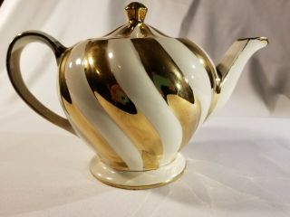 Sadler England Vintage Ivory Beige Teapot Spiral Gold Accent Antique