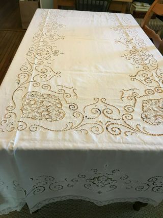 Rare Estate Antique Lace And Cotton? Tablecloth With Lace Trim 66 X 102
