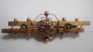Antique Victorian 9ct Gold Ruby & Seed Pearl Bar Brooch Not Scrap