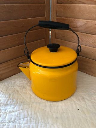 Vintage Enamelware Coffee Pot With Lid - Bright Yellow With Black Trim Handle