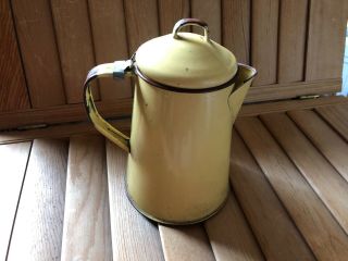 Vintage Enamelware Coffee Pot With Lid - Pale Yellow White Specks Brown Trim