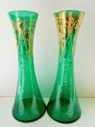 2 Antique Moser Glass Vases Enameling & Gilding Green Slender Waist 6 - 1/2 Ins