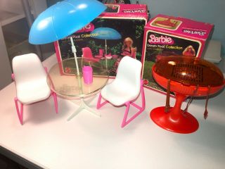 Vintage Barbie Dream Furniture pool patio table chairs barbecue grill bbq 70s 7