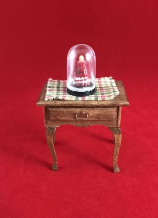 Miniature Dollhouse Furniture End Table W Vintage Dolll Under Glass 1:12 Scale