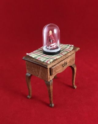 Miniature Dollhouse Furniture End Table W Vintage Dolll Under Glass 1:12 Scale 2