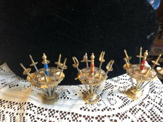 3 - Vintage Miniature Toledo Bar Cocktail Toothpicks Brass Metal Sword Holder Set