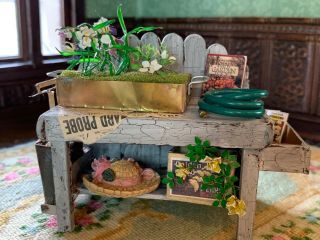 Artisan Miniature Dollhouse Backyard Garden Potting Bench Diorama Enamel Flowers