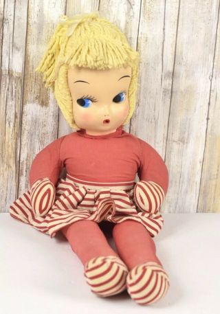 Vintage Rubber Plastic Face Stuffed Plush Doll Plaid Cotton 25”