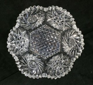 Antique Abp Cut Crystal Glass Hexagonal Bowl Spirals Stars Hatching 7 7/8 " Fine