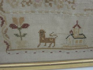 Antique c.  1800s Handmade Victorian Dog & Birds Embroidery Sampler Framed 15x15 4