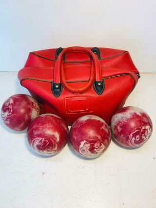 Vintage Set Of 4 Marble Candlepin Bowling Balls With Bag