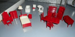 18pcs Vintage 1950s Allied Plastic Dollhouse Furniture Red & White