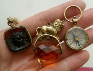 Vintage Antique Watch Fobs Lion Glass Fob,  Compass,  And Glass Head Jewellery
