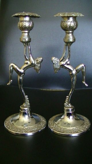 Vintage Art Deco Chromium Candlesticks In The Style Of A Woman Dancing