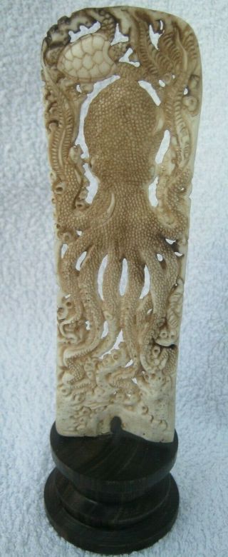 An Unusual Hand Carved Scrimshaw Statue Of Gigantic Octopus Kraken Sea Monster