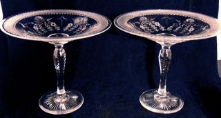 2 Cambridge Pairpoint Glass Antique Engraved Intaglio Tazzas Compotes Comport