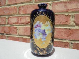Antique Vintage Rs Prussia Porcelain Cobalt Blue Vase W Flowers & Gold 5 7/8 "