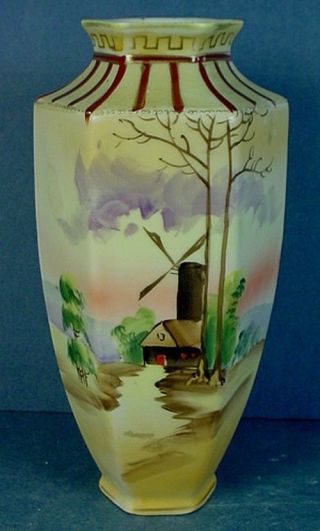 Antique Japanese Te - Oh China Nippon Porcelain Hexagonal Scenic Landscape Vase